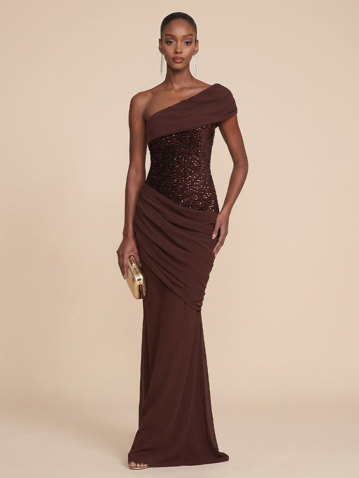 Sequin Sheath One Shoulder Floor Length Glitter Formal Dresses