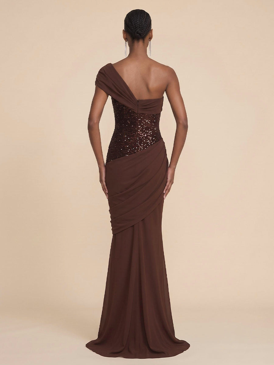 Sequin Sheath One Shoulder Floor Length Glitter Formal Dresses