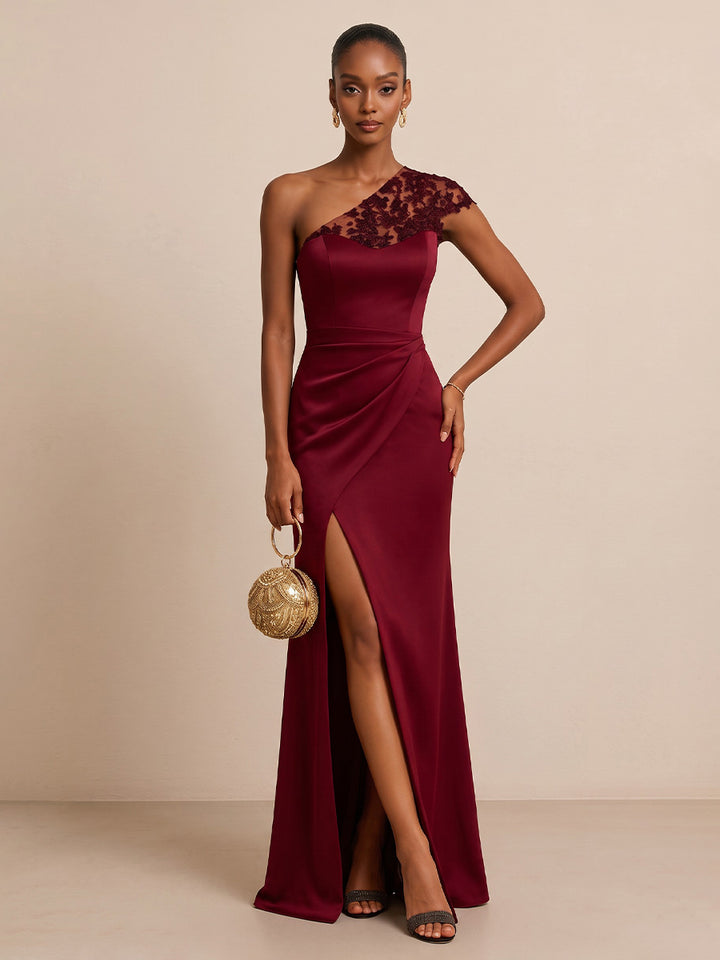 Tulle Satin Sheath One Shoulder Floor Length Floral Embroidery Formal Dresses