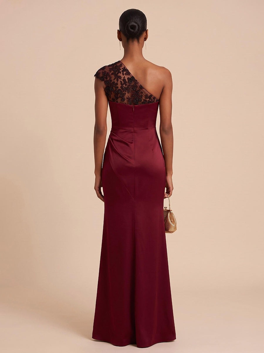 Tulle Satin Sheath One Shoulder Floor Length Floral Embroidery Formal Dresses