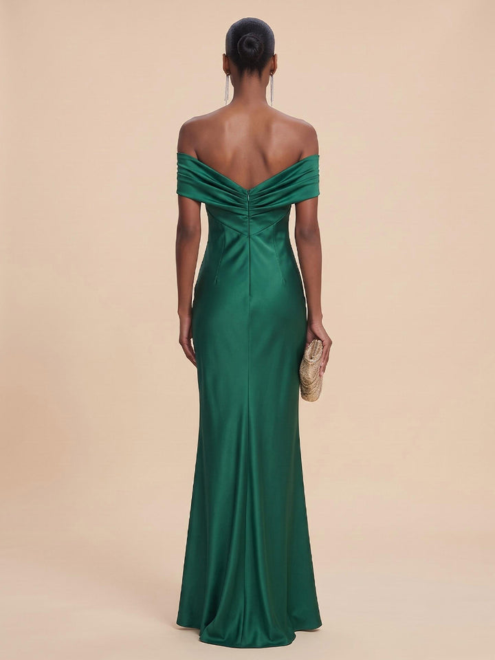 Satin Sheath Off the Shoulder Floor Length Ruched Formal Dresses