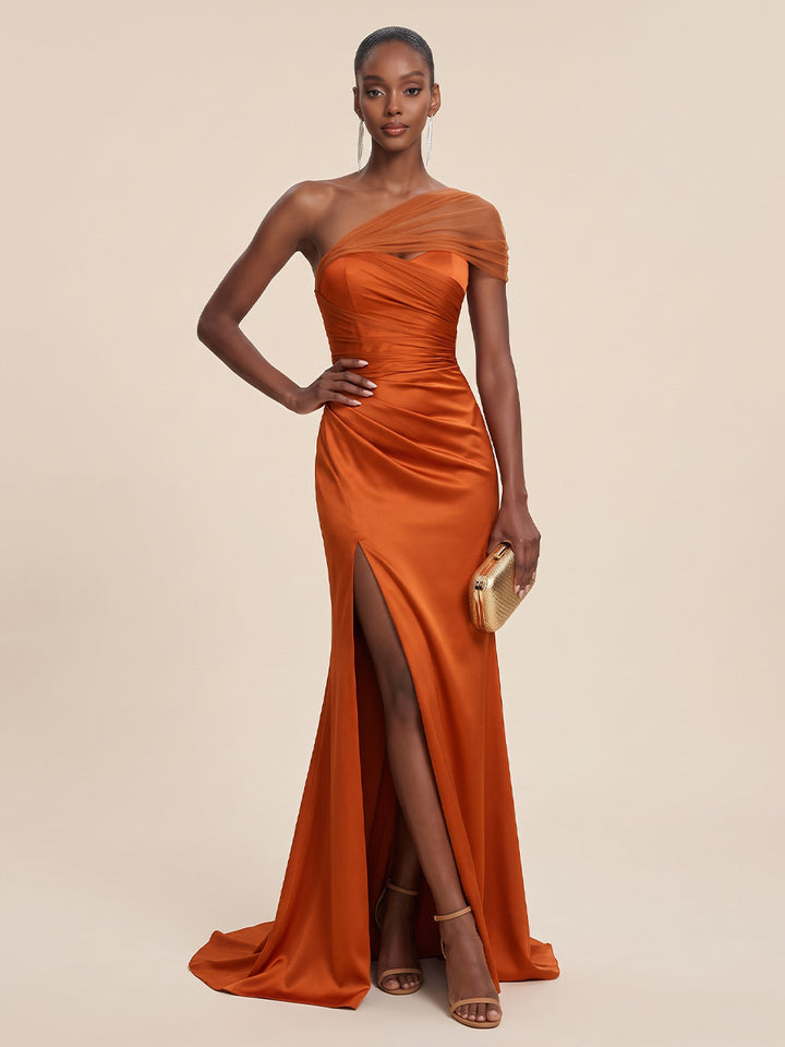 Chiffon Satin Sheath One Shoulder Floor Length Sweetheart Neck Formal Dresses