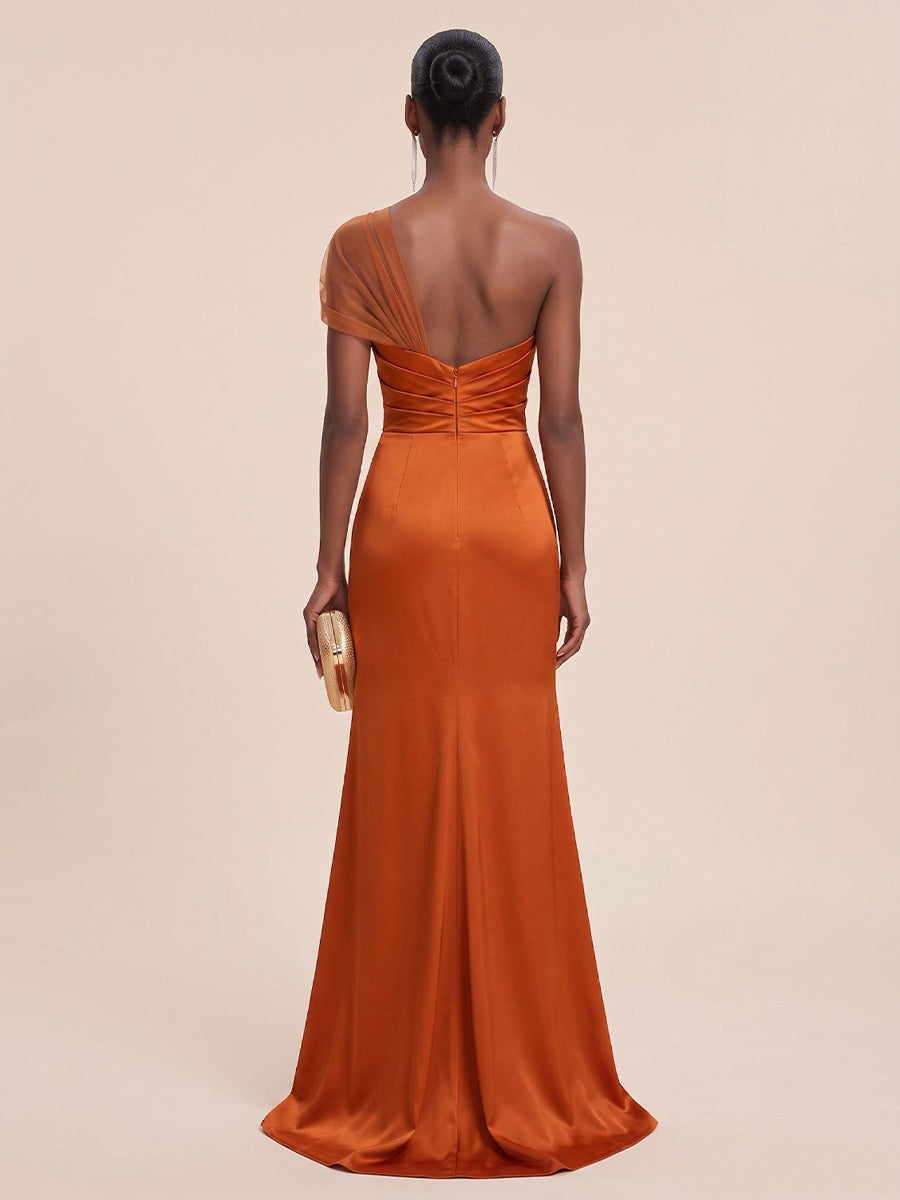 Chiffon Satin Sheath One Shoulder Floor Length Sweetheart Neck Formal Dresses