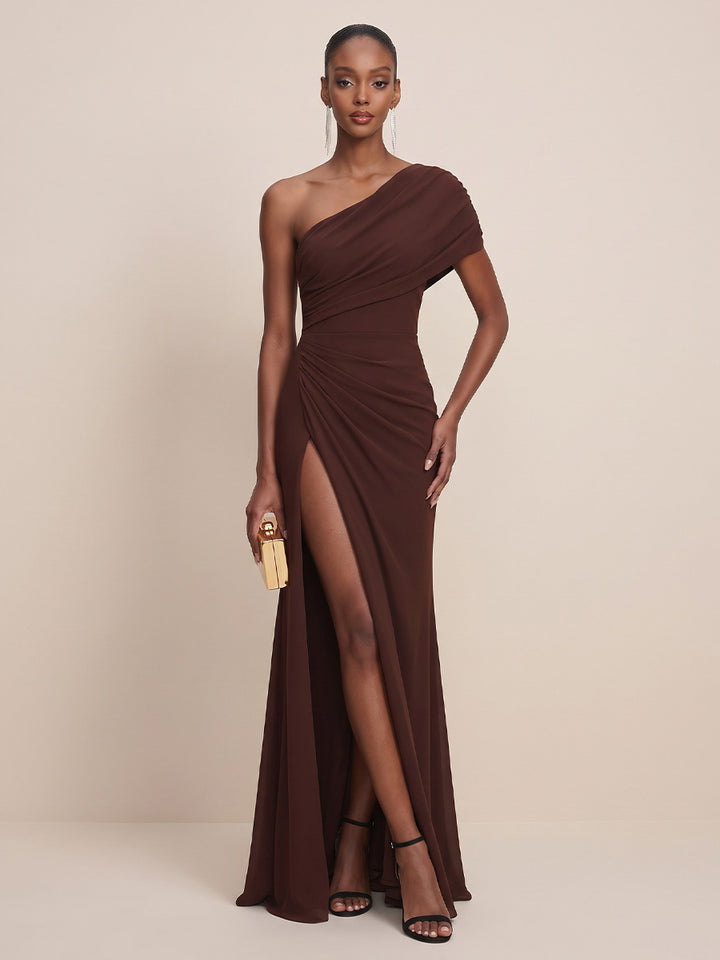 Stretch Chiffon Sheath One Shoulder Floor Length Ruched Formal Dresses
