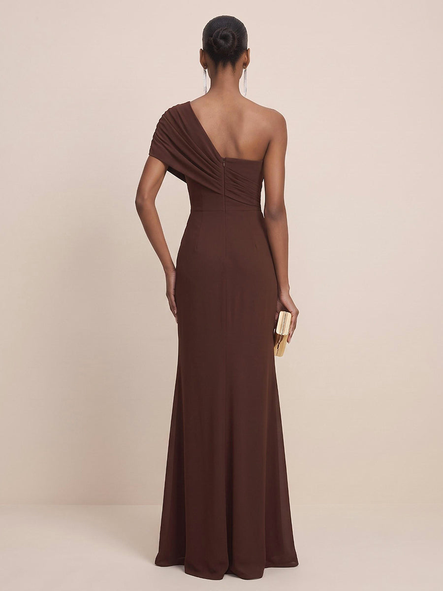 Stretch Chiffon Sheath One Shoulder Floor Length Ruched Formal Dresses