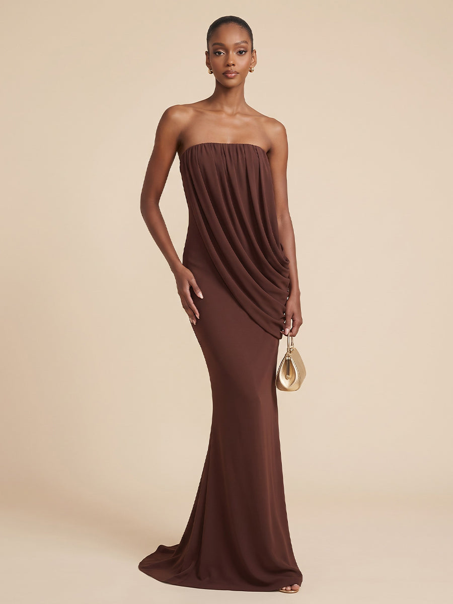 Stretch Chiffon Mermaid Strapless Floor Length Ruched Formal Dresses