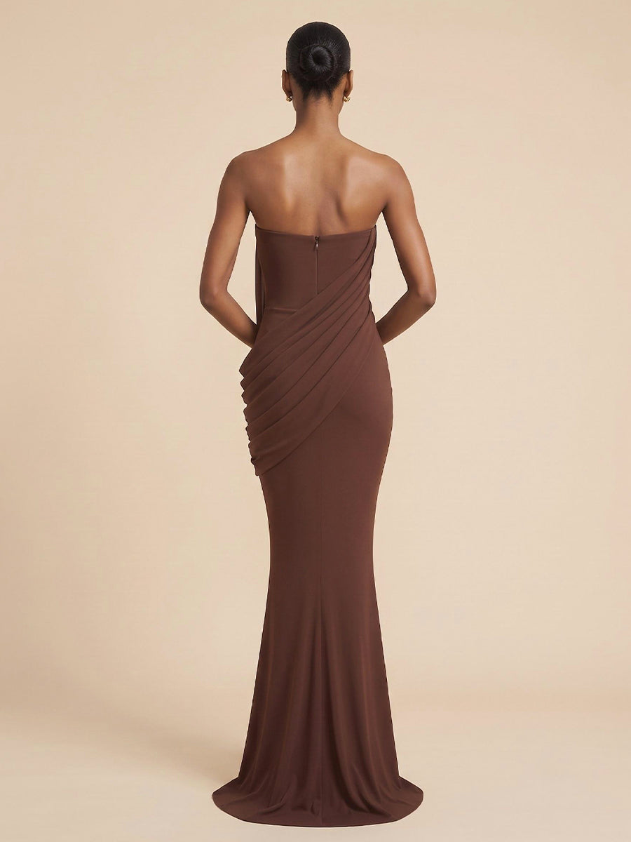 Stretch Chiffon Mermaid Strapless Floor Length Ruched Formal Dresses