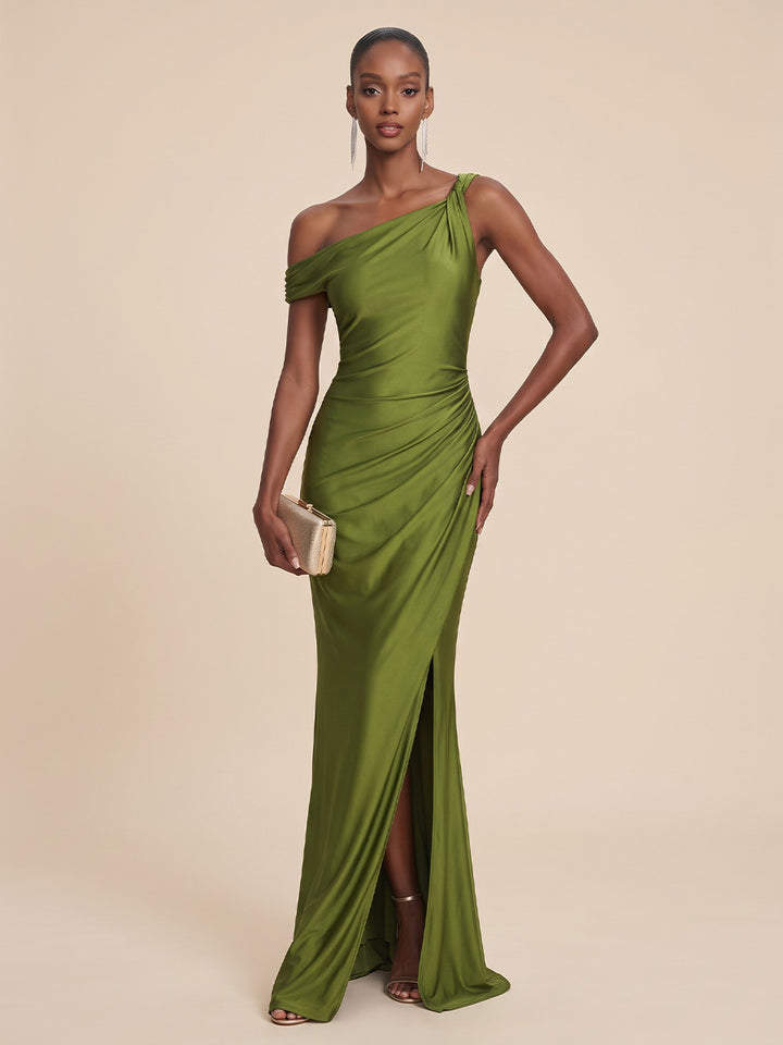 Satin Sheath One Shoulder Floor Length Ruched Formal Dresses
