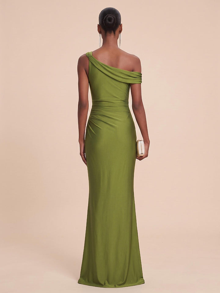 Satin Sheath One Shoulder Floor Length Ruched Formal Dresses