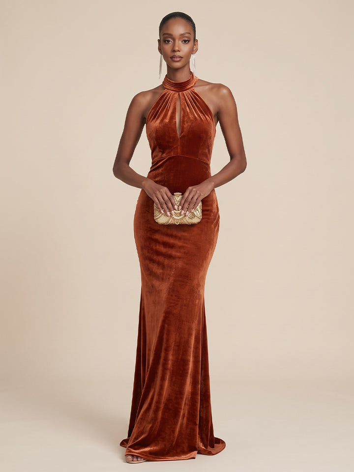 Velvet Mermaid Halter Floor Length Cut Out Formal Dresses Maxi Evening Dresses