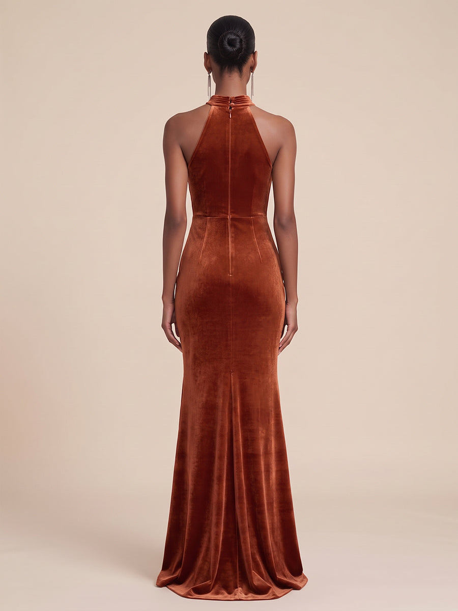 Velvet Mermaid Halter Floor Length Cut Out Formal Dresses Maxi Evening Dresses