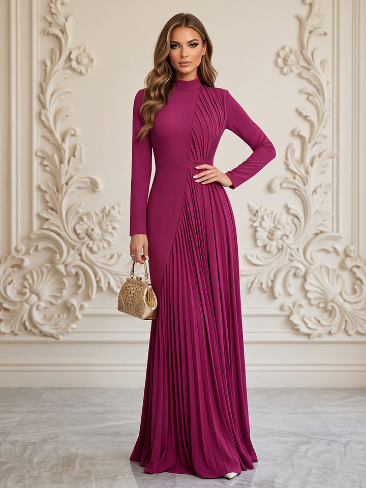 Satin A Line High Neck Floor Length Pleats Formal Dresses