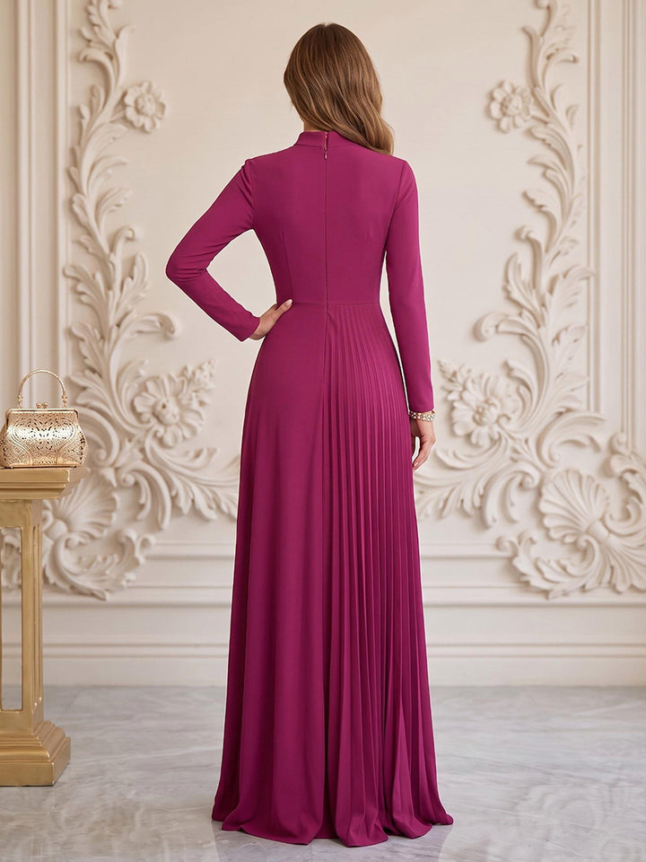 Satin A Line High Neck Floor Length Pleats Formal Dresses