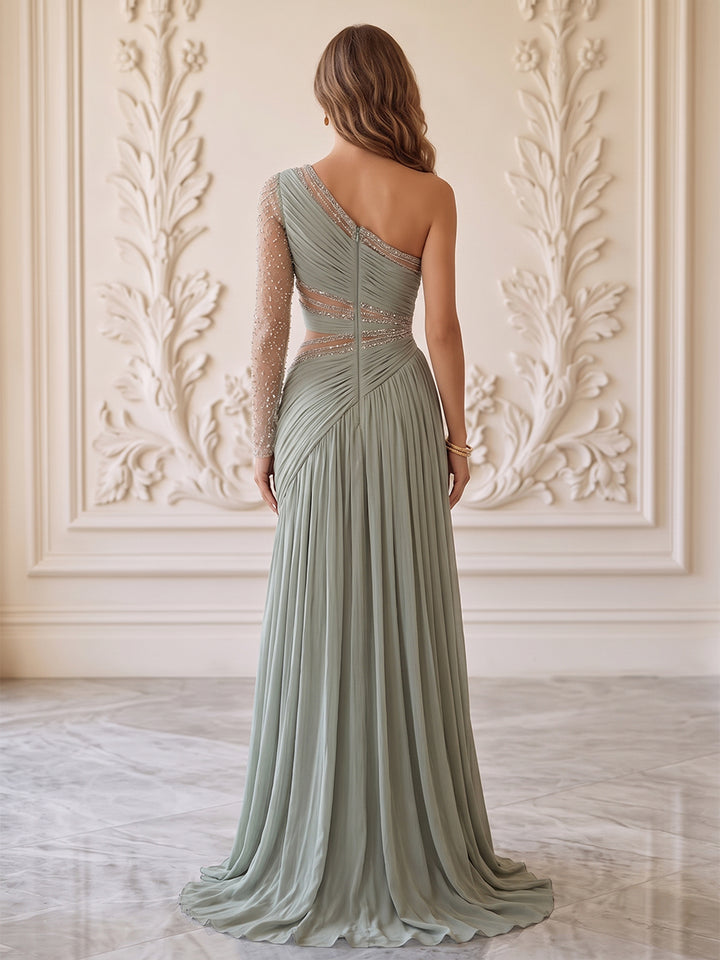 Chiffon A Line One Shoulder Floor Length Pleats Formal Dresses