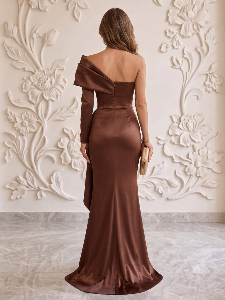 Sweetheart Sheath Satin Floor Length Ruched Formal Dresses with Sweep Train