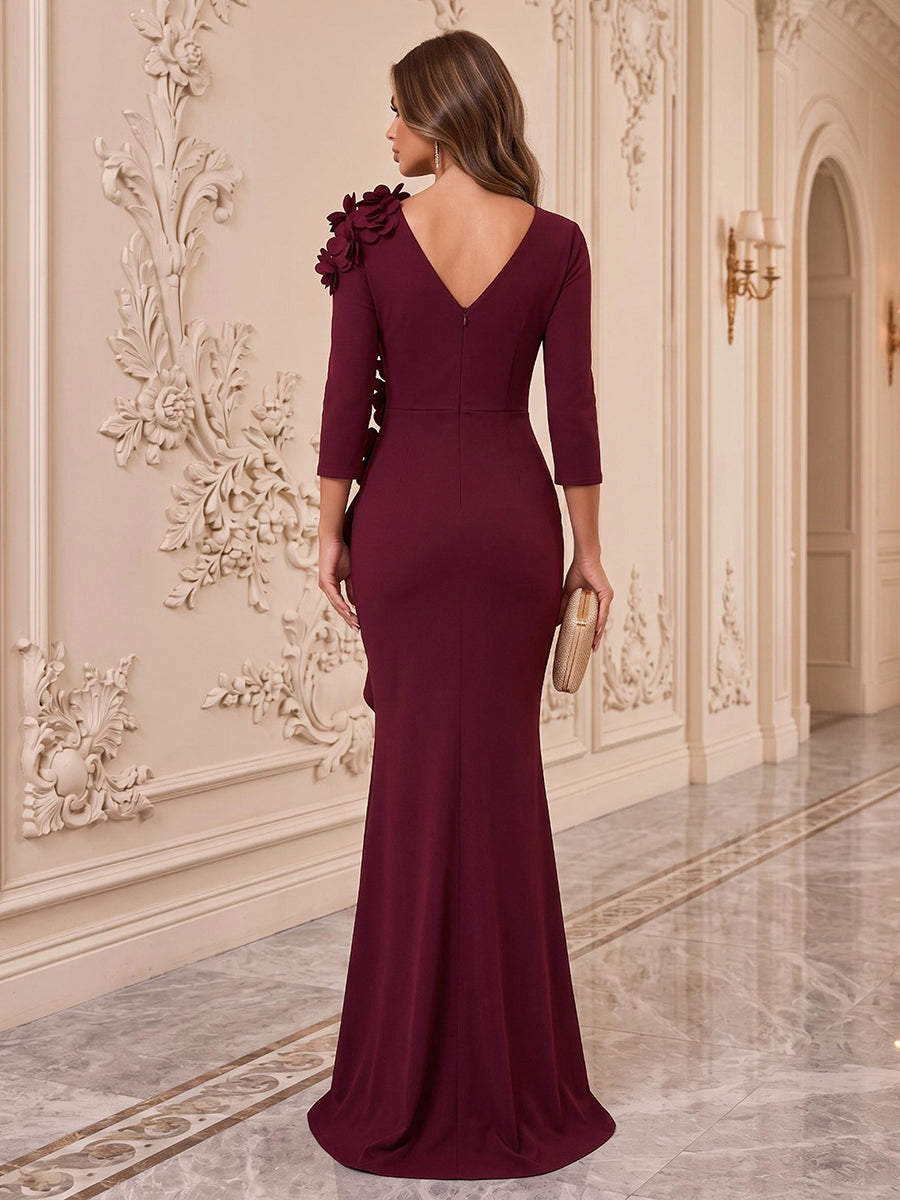 Ruffles Satin Mermaid V Neck Floor Length Formal Dresses with 3D Floral Applique