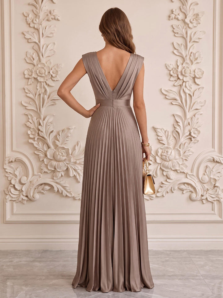 A Line Deep V Neck Satin Floor Length Sleeveless Pleats Formal Dresses