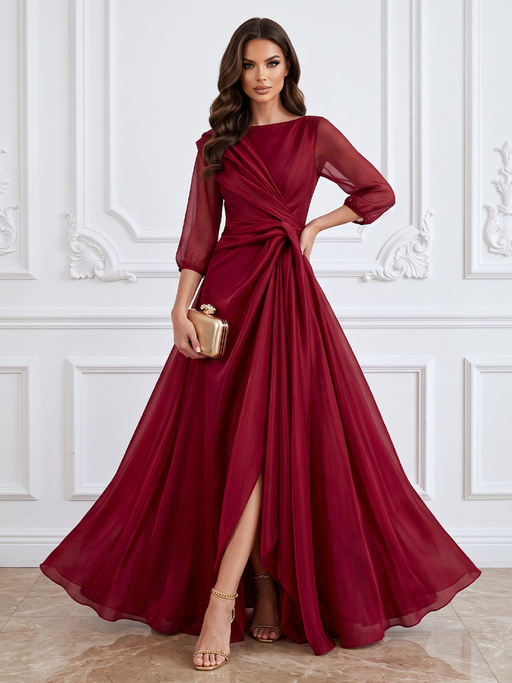 Chiffon Ruched A Line Jewel Neck Floor Length Twist Bodice Formal Dresses with Slit