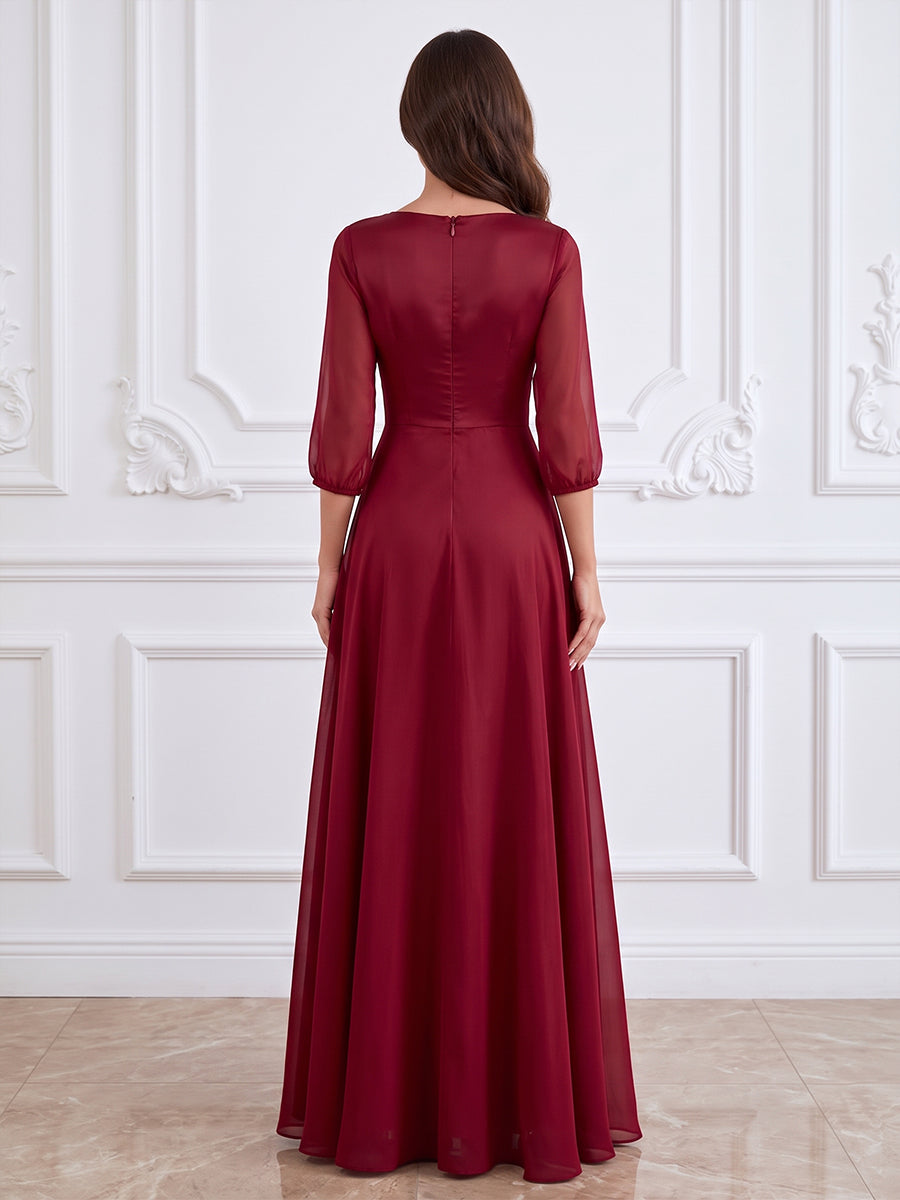 Chiffon Ruched A Line Jewel Neck Floor Length Twist Bodice Formal Dresses with Slit