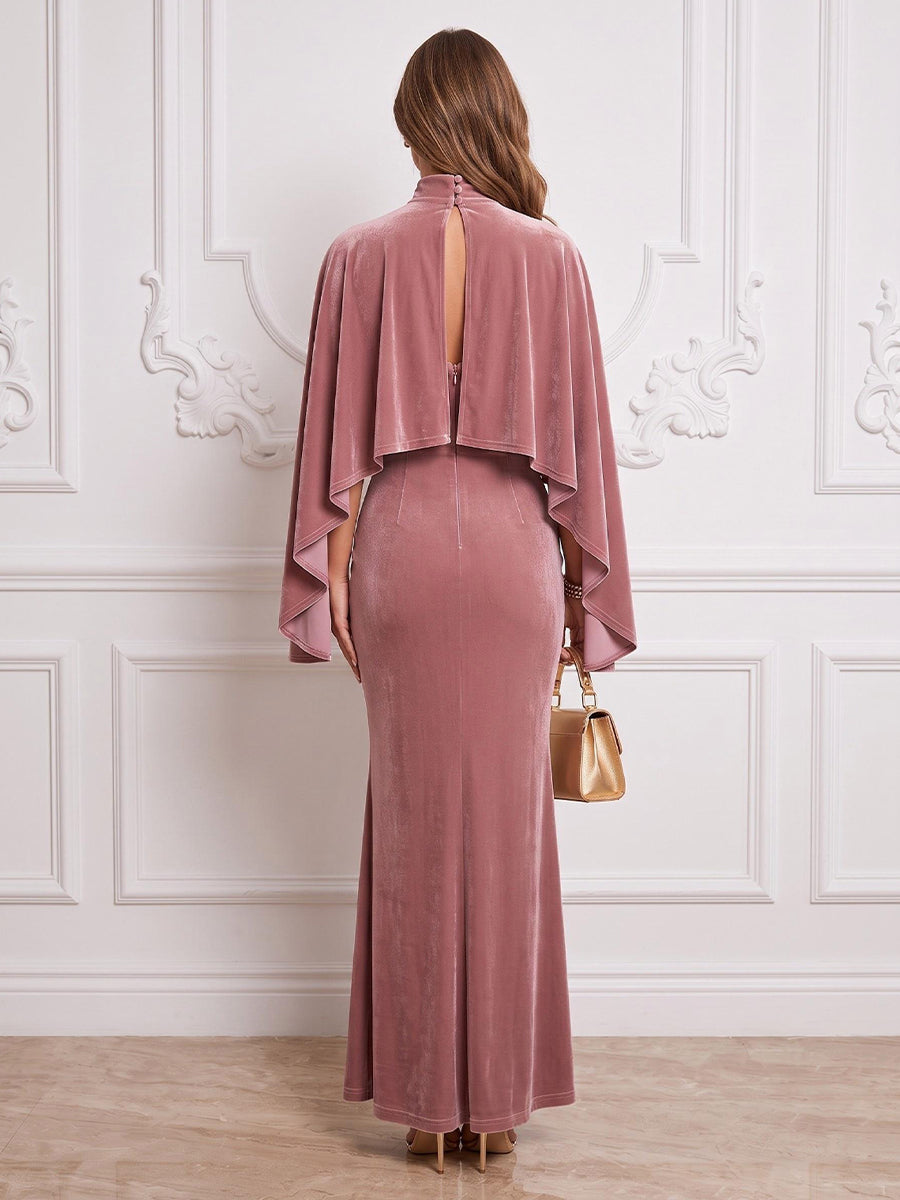 High Neck Velvet Sheath Floor Length Fitted Bodycon Formal Dresses with Cape Maxi Evening Dresses