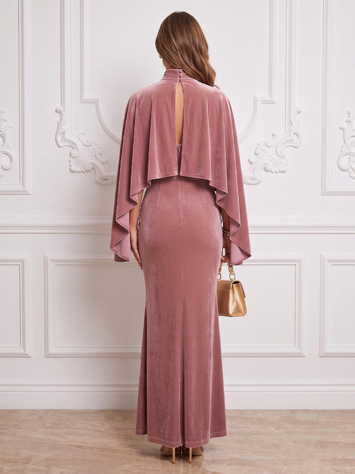 High Neck Velvet Sheath Floor Length Fitted Bodycon Formal Dresses with Cape Maxi Evening Dresses