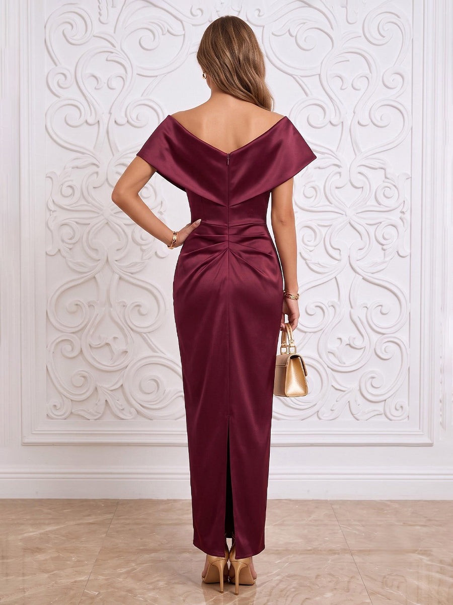 Ruched Sheath Satin Off the Shoulder Tea Length Wrap Bodice Formal Dresses