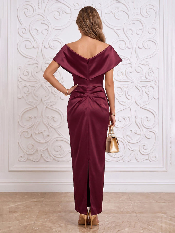 Ruched Sheath Satin Off the Shoulder Tea Length Wrap Bodice Formal Dresses