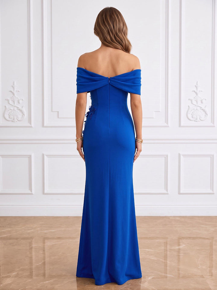 Satin Mermaid Off the Shoulder Floor Length High Slit Formal Dresses with 3D Floral Applique