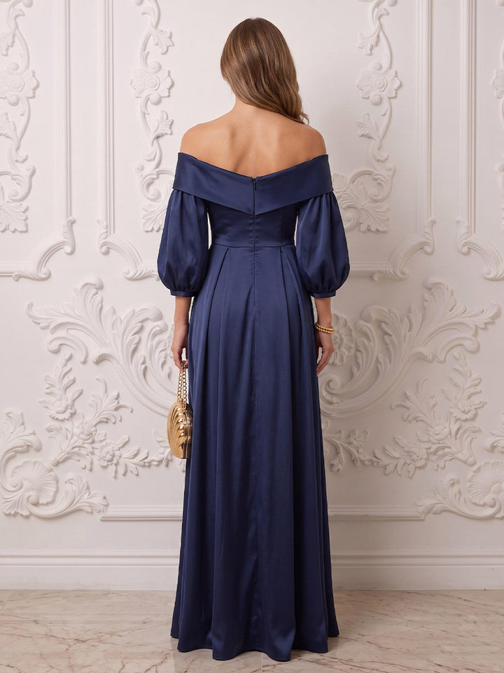 Satin A Line Bell Sleeves Off the Shoulder Floor Length Wrap Bodice Formal Dresses with High Slit