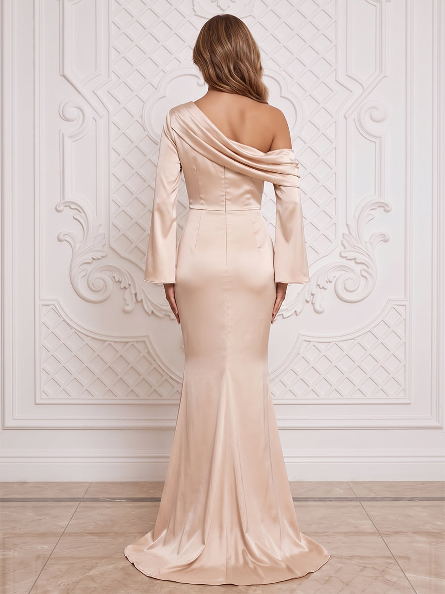 Satin Ruched Mermaid One Shoulder Floor Length Formal Dresses with Flare Sleeves