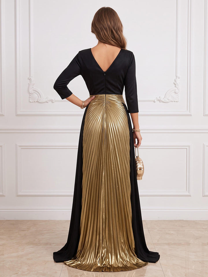 Metallic Satin A Line Color Blocked Asymmetric Neck Floor Length Pleats Formal Dresses