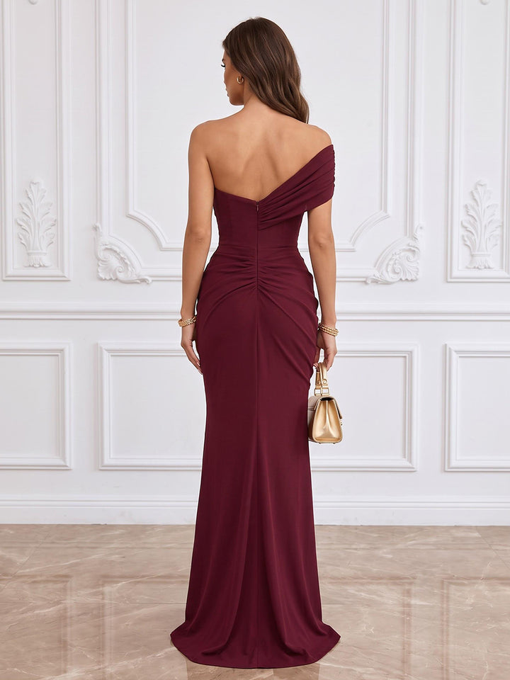 Stretch Chiffon Fitted Bodycon Sheath One Shoulder Floor Length Ruched Formal Dresses