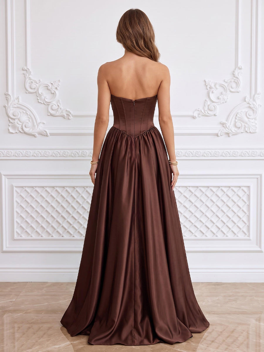 Satin A Line Strapless Floor Length Corset Formal Dresses with High Slit