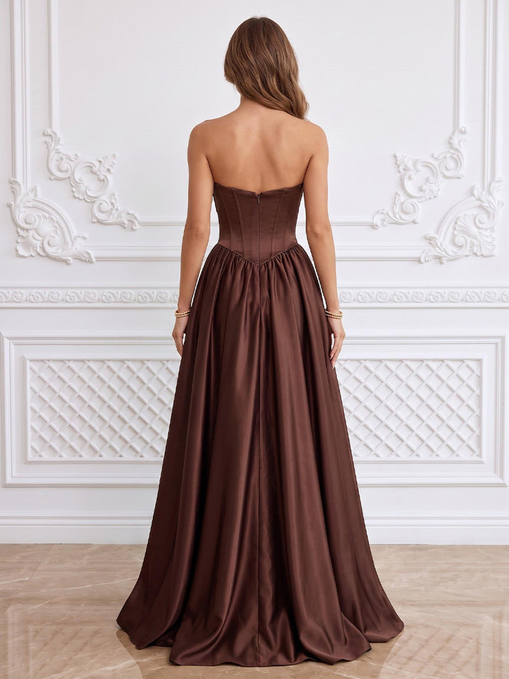 Satin A Line Strapless Floor Length Corset Formal Dresses with High Slit