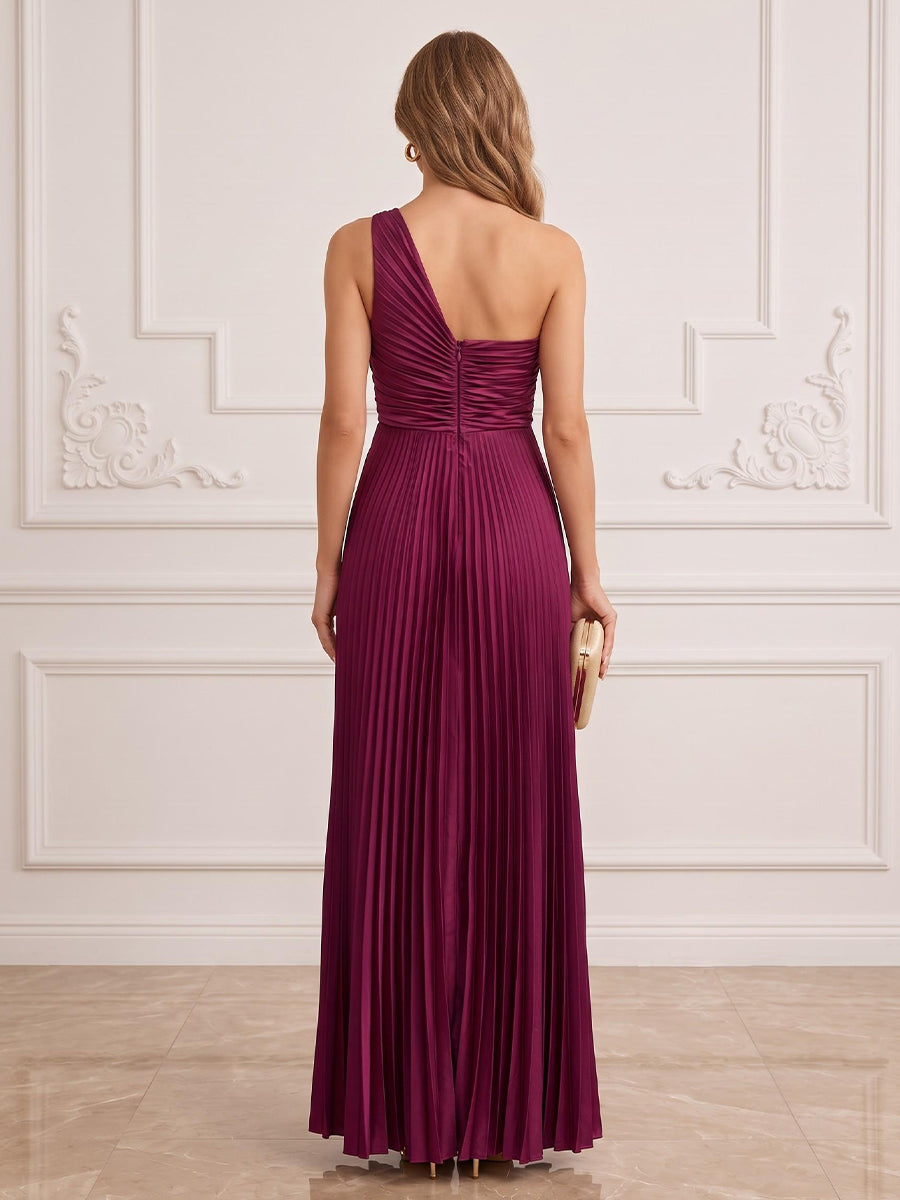 Satin A Line One Shoulder Floor Length Pleats Formal Dresses