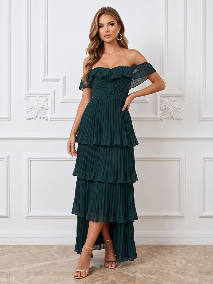 Chiffon A Line Off the Shoulder Floor Length Pleats Formal Dresses