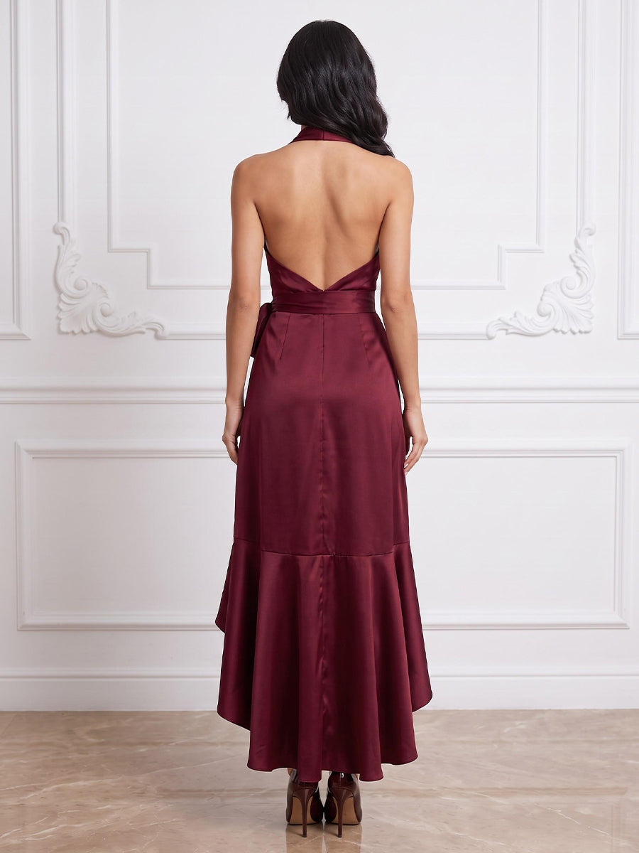 Satin A Line V Neck Floor Length High Low Formal Dresses