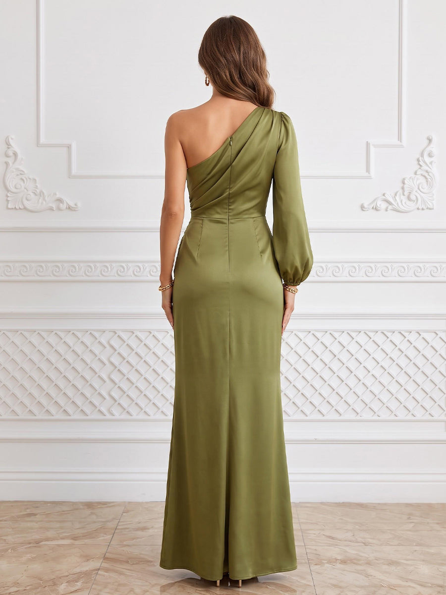 Satin Sheath One Shoulder Floor Length Ruched Formal Dresses with Slit