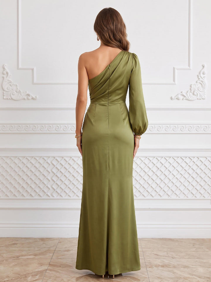 Satin Sheath One Shoulder Floor Length Ruched Formal Dresses with Slit