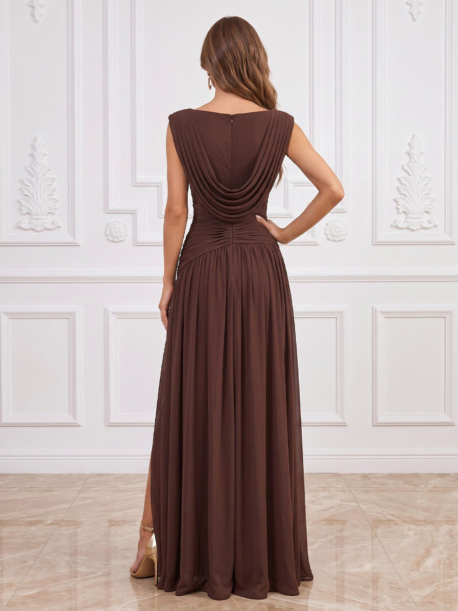 Stretch Chiffon A Line Jewel Neck Floor Length Ruched Formal Dresses with Slit