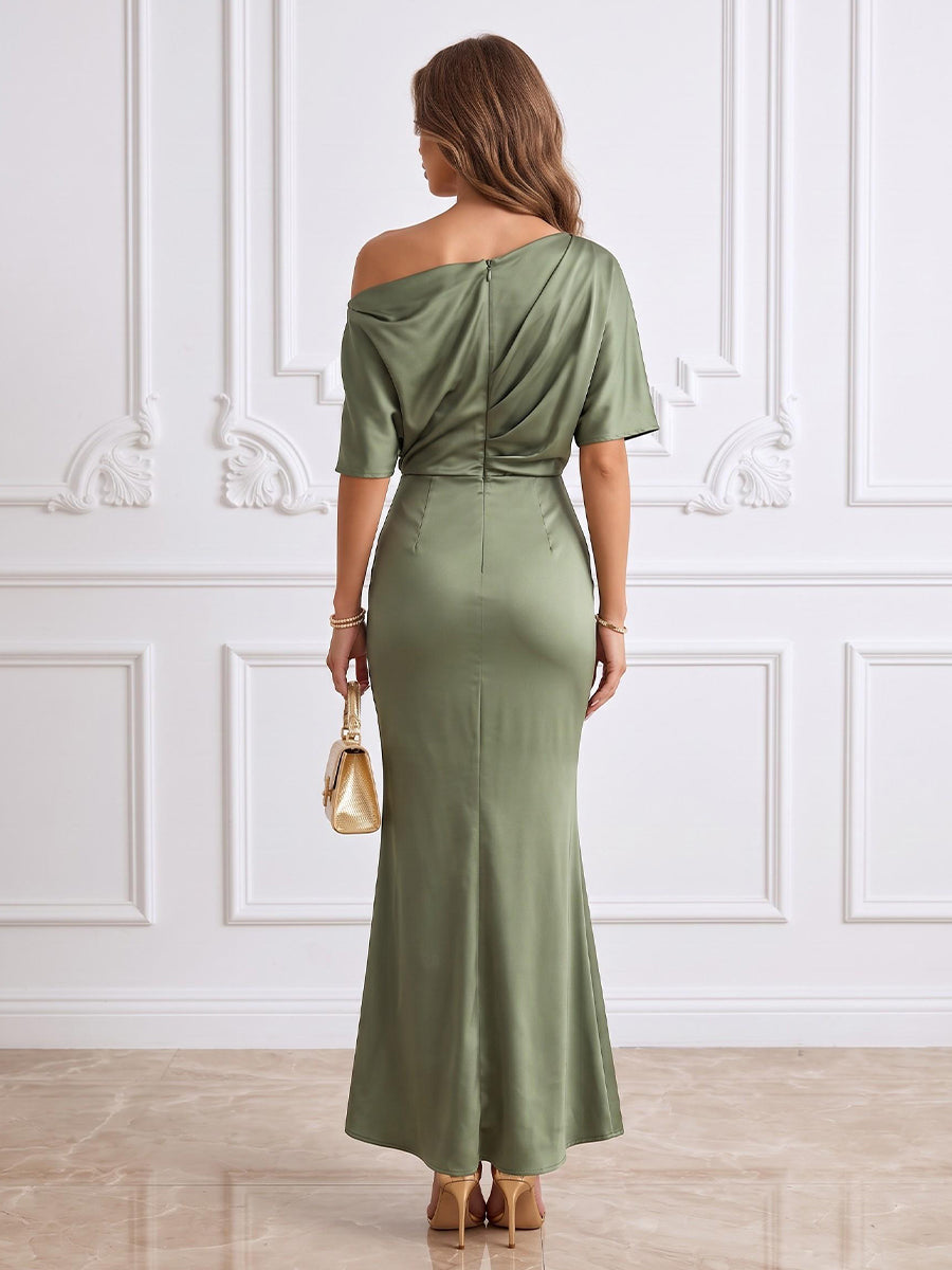 Satin Mermaid One Shoulder Floor Length High Low Formal Dresses