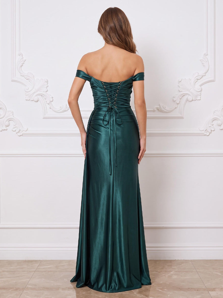Satin Sheath Sweetheart Floor Length Ruched Formal Dresses with Slit