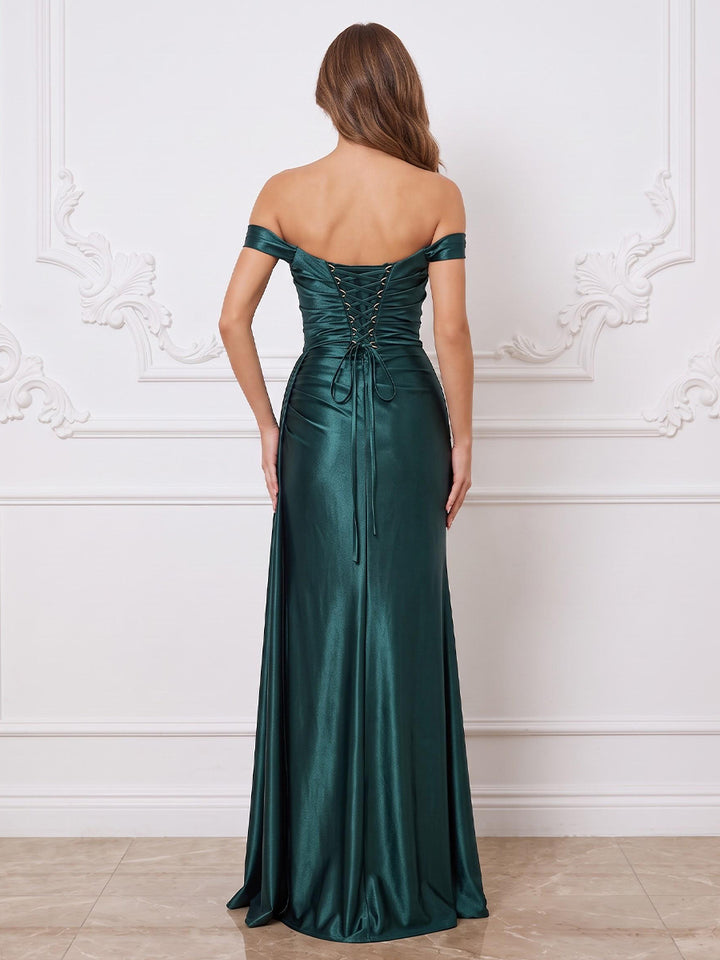 Satin Sheath Sweetheart Floor Length Ruched Formal Dresses with Slit