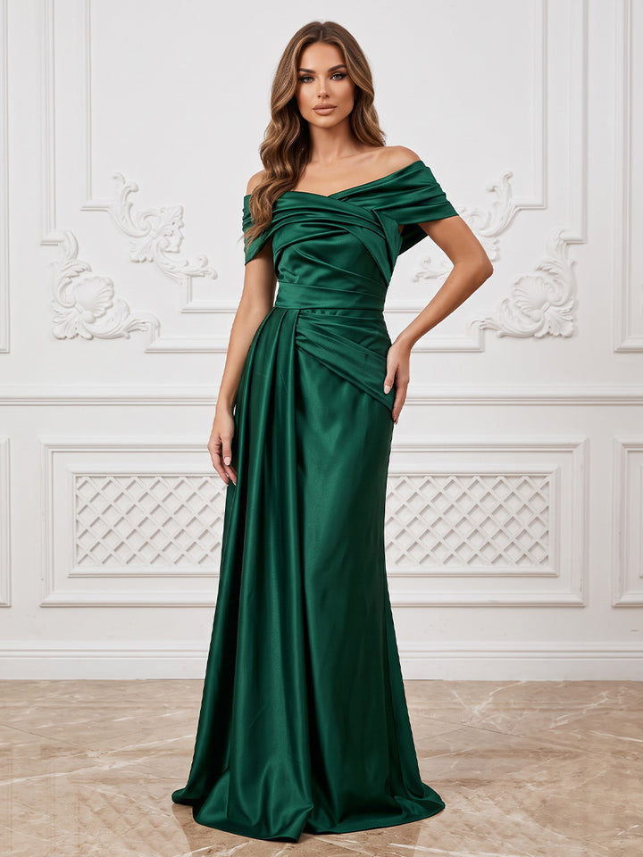 Satin A Line Off the Shoulder Floor Length Ruched Formal Dresses