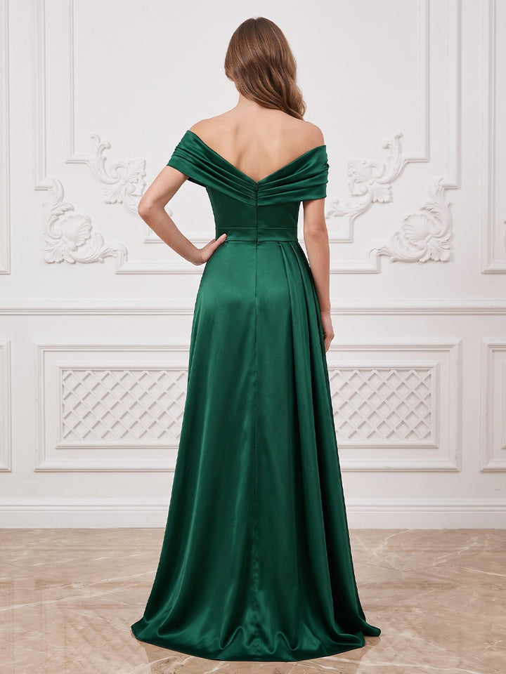 Satin A Line Off the Shoulder Floor Length Ruched Formal Dresses