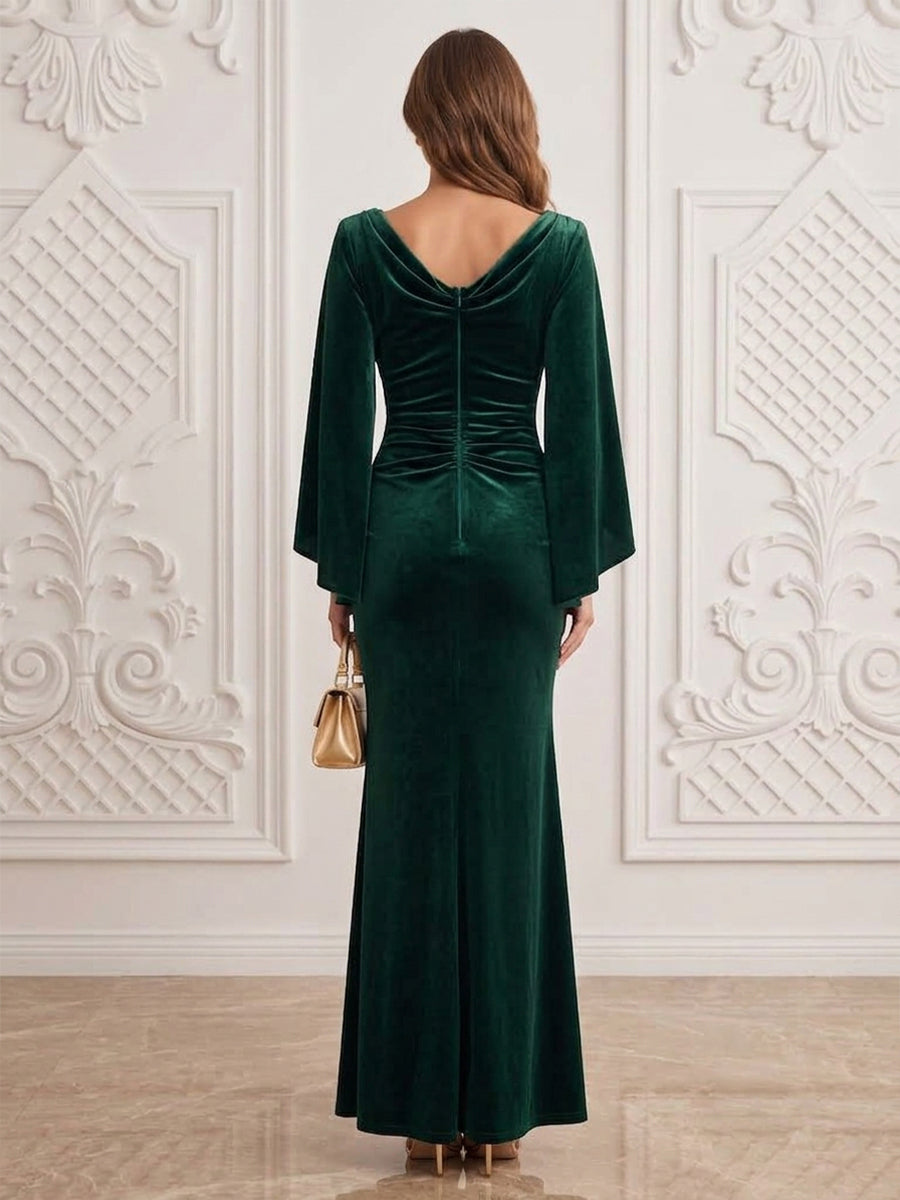 Velvet Mermaid Scoop Neck Floor Length Ruched Formal Dresses Maxi Evening Dresses