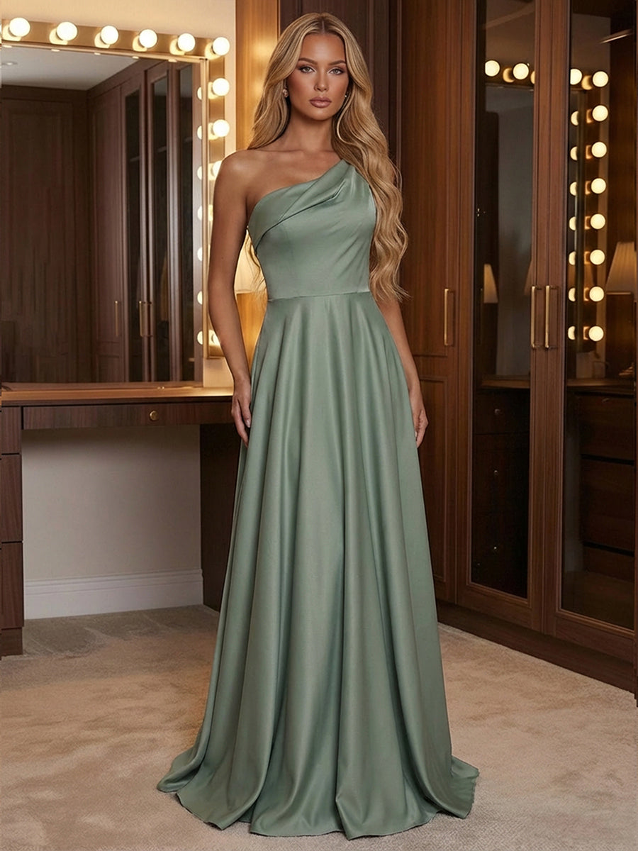 A Line One Shoulder Pleated Minimalist Formal Dresses
