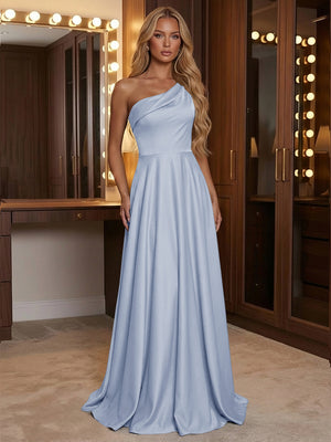 A Line One Shoulder Pleated Minimalist Bridesmaid Dresses with Pockets