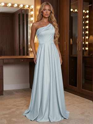 A Line One Shoulder Pleated Minimalist Bridesmaid Dresses with Pockets
