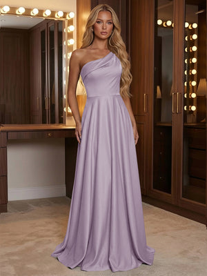 A Line One Shoulder Pleated Minimalist Bridesmaid Dresses with Pockets